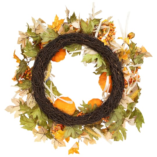 24" Velvet Pumpkins & Wheat Fall Harvest Wreath